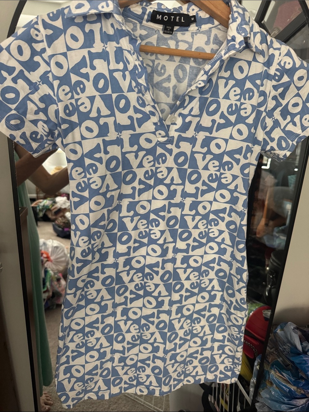 Motel Rocks Blue and White LOVE Print Mini Shirt Dress